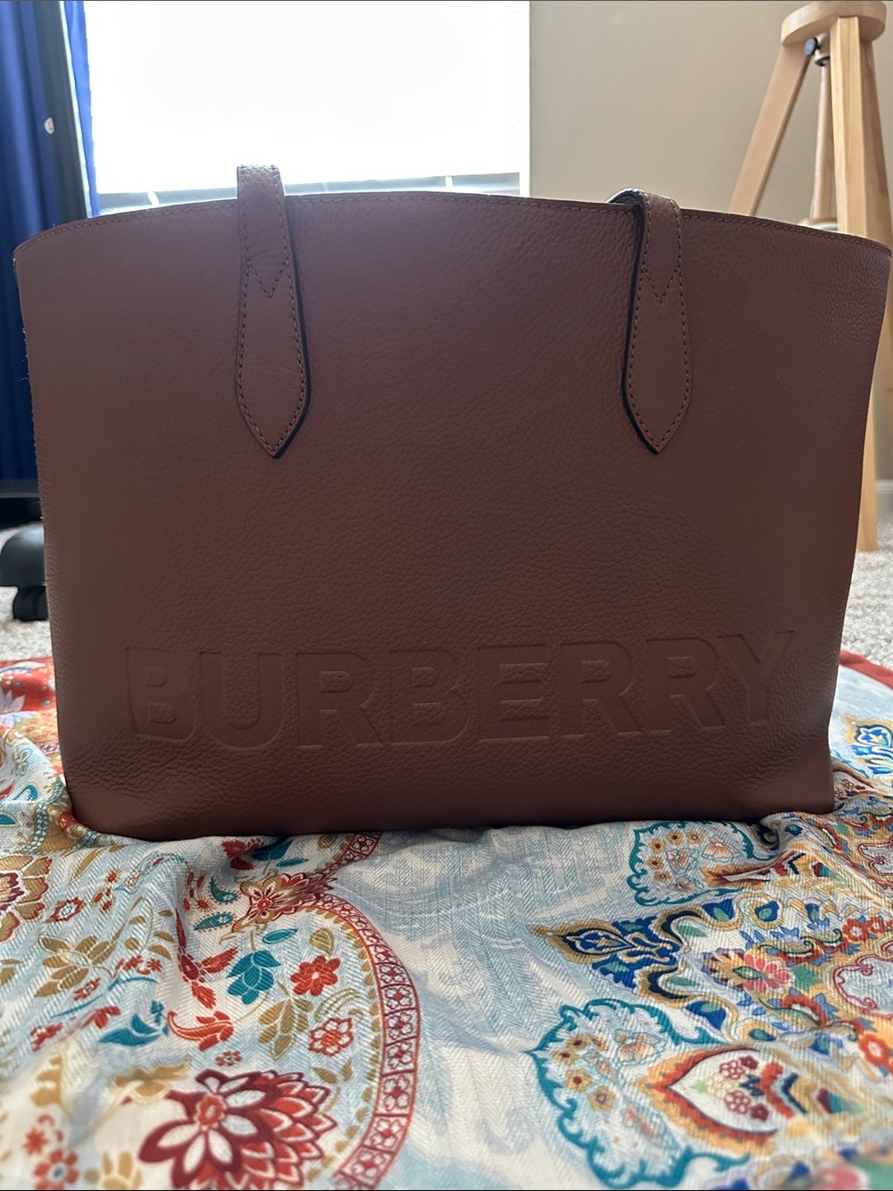 Burberry Calf Grain Leather Tote in Tan